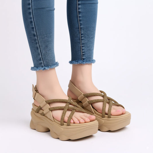 Beige Metallic Crisscross Chunky Platform Sandals