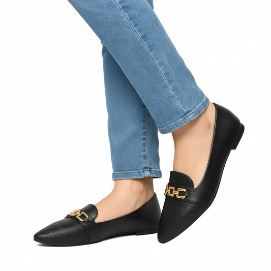 Black Textured Pointed-Toe Loafers