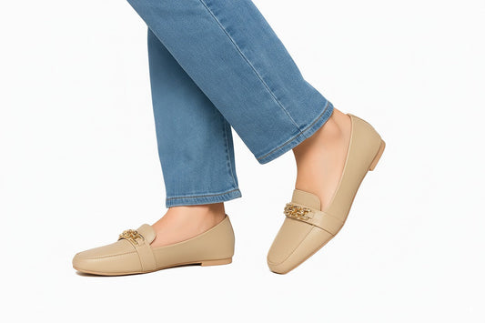Beige Chain Accent Loafers