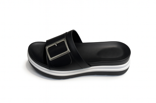 Black Buckle Comfort Slide Sandals