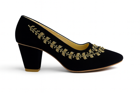 Black-Gold Embellished Block Heels