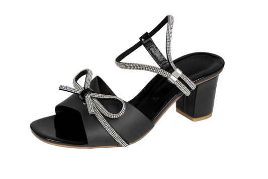 Black Crystal Bow Block Heels