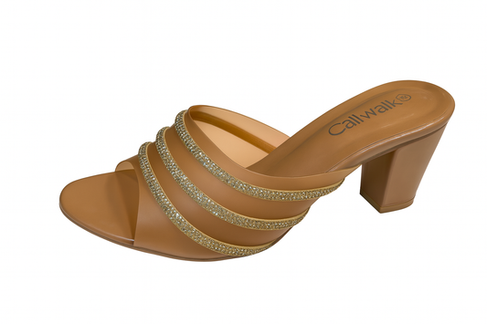 Golden-Brown Glitter Strap Block Heels