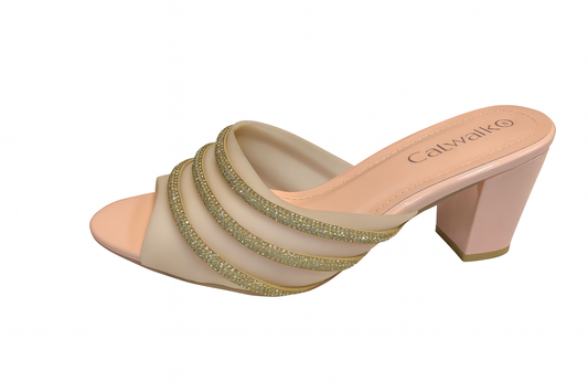 Nude-Peach Glitter Strap Block Heels
