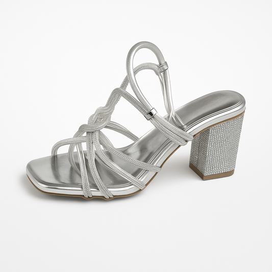 Silver Crystal Knot Block Heels