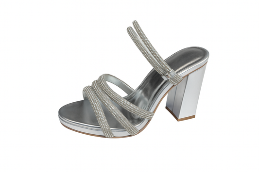 Silver Crystal Strap Block Heel Sandals
